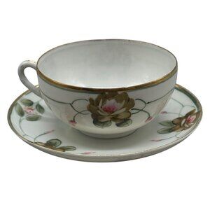 Antique Nippon Hand Painted Tea Cup & Saucer Set floral gold trim handle READ
